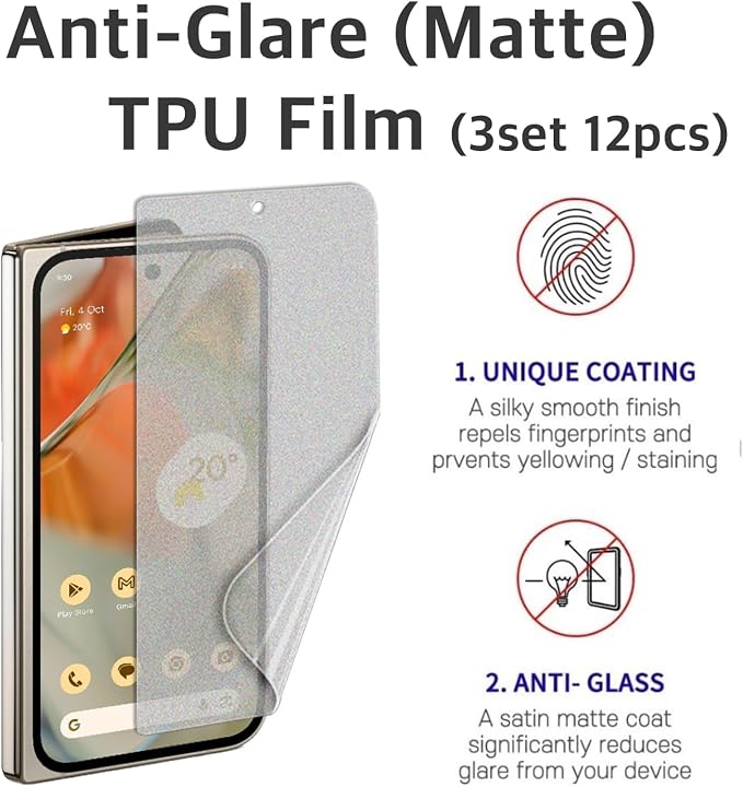 [3SET 13PCS] Pixel 9 Pro Fold 5G 2024 Premium TPU film Screen Protector with Hinge Protector [Anti-glare (Matte) 3set 12pcs] [1 Tempered Glass Lens protector] Scratch Resistant HD Case Friendly [Perfe