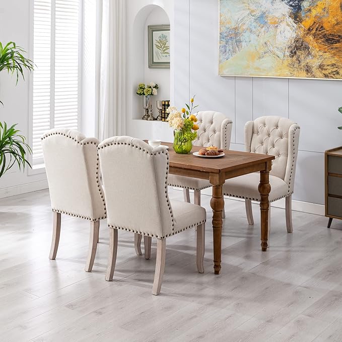 DUOMAY Modern Tufted Dining Chairs Set of 4, Linen Upholstered Dining Room Chairs Armless Guest Side Chair for Kitchen Dining Room, Wingback Accent Chairs with Solid Wood, Beige