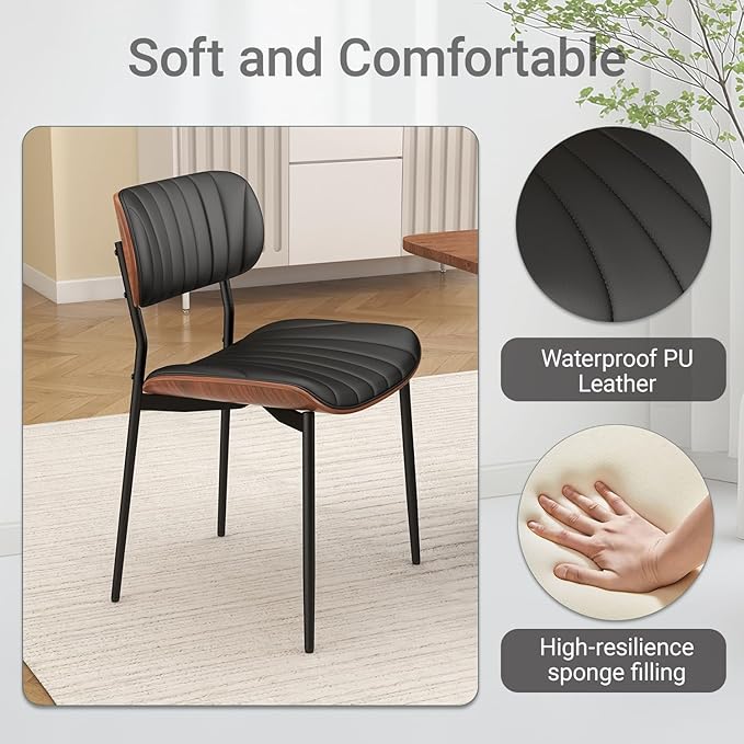 Mid Century Modern Dining Chairs Set of 2,Upholstered Faux Leather Kitchen Chairs with Walnut Bentwood Back and Metal Legs for Kitchen Dining Room Living Room, Black