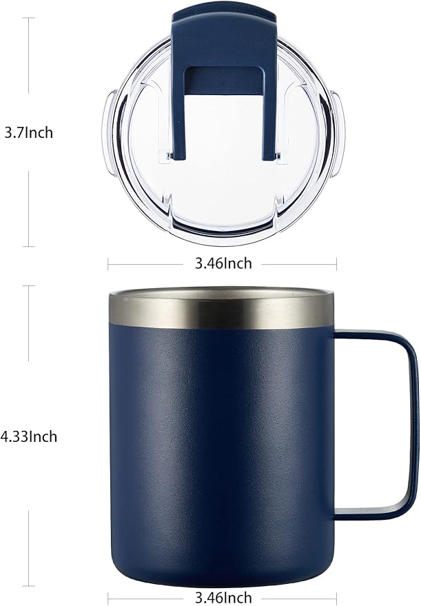 ALOUFEA 12oz Stainless Steel Insulated Coffee Mug with Handle, Double Wall Vacuum Tumbler Cup with Fliping Lid, Navy, 2 Pack
