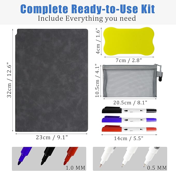 Portable White Board Dry Erase Notebook 12" x 9" (A4), Double Sided Folding Reusable Whiteboard with 3 Markers & 1 Pen Bag, Anti-Ghosting & Anti-Smudg Surface Notebook for Study, Meeting (Black)