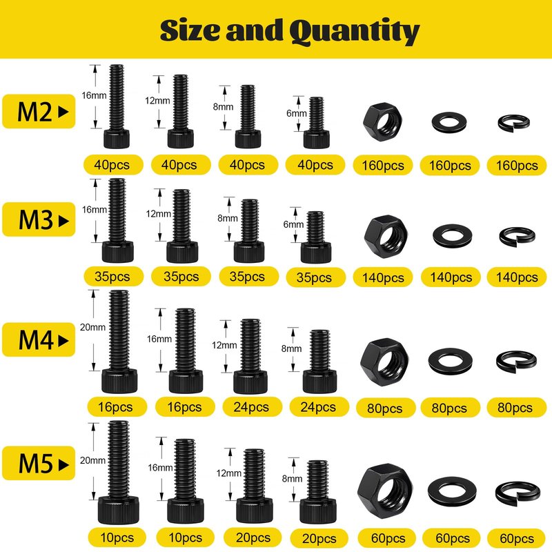 Fgruh 1760PCS Metric Screw Assortment Kit,M2 M3 M4 M5 Screws Set, Hex Socket Head Cap Bolts Nuts and Washers Kit for 3D Printing DIY, Grade 12.9 Alloy Steel, Black Zinc Plated