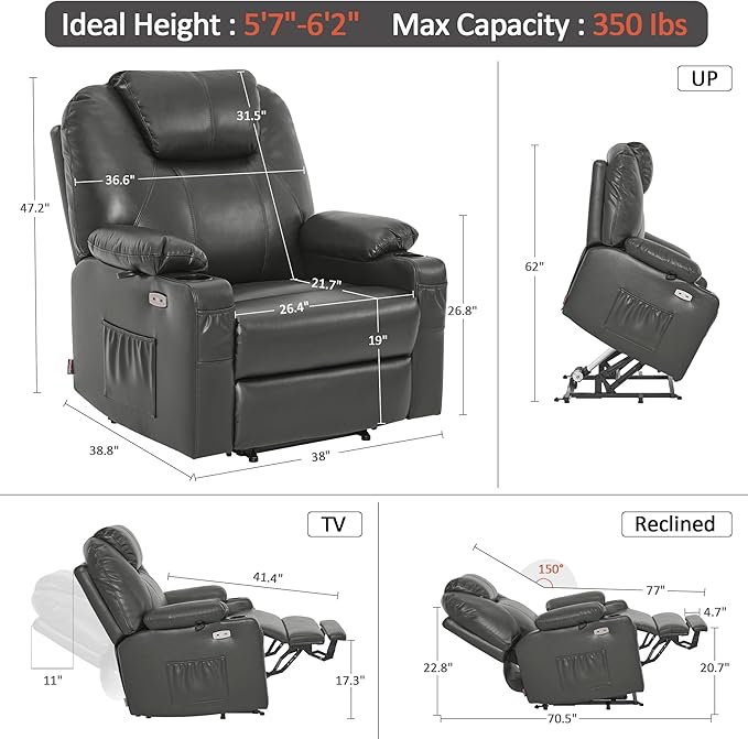 MCombo Oversized Power Lift Recliner Chair for Elderly, Lift Chair with Heat and Massage for Big and Tall, USB&Type C Ports, Cup Holders, Faux Leather R7510 (Grey, Large-Wide)