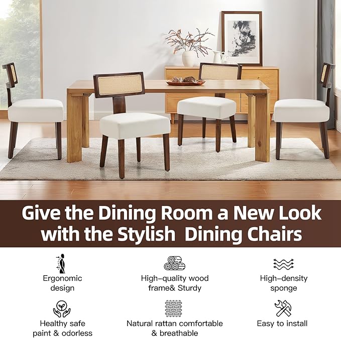 Upholstered Rattan Dining Chairs Set of 2, Mid-Century Modern Fabric Dining Room Chairs with Brown Hardwood Frame, Curved Backrest Kitchen Chair Armless Accent Chairs for Living Room (Cream)