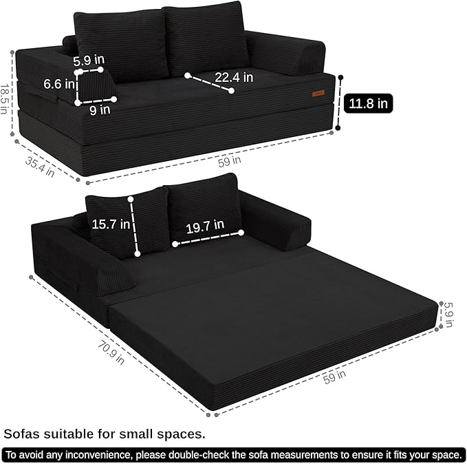 COMAX Convertible Sofa Bed – Folding Floor Couch Loveseat with Corduroy Cover & Pillows, Black | Multi‑Mode Lounger, Futon Sleeper Mattress for Living Room & Bedroom