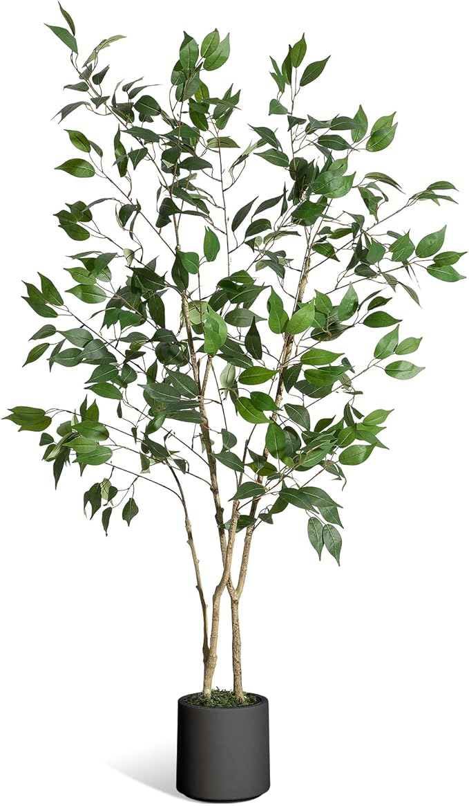 5FT Ficus Trees Artificial Indoor, Faux Silk Plant with Natural Wood Trunk and Lifelike Fruits, Black Imitation Ceramic Planter with Green Fake Moss for Modern Home Office Living Room Decor