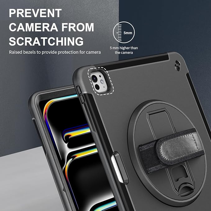 Junfire Protective Case for iPad Pro 11-inch M5/M4-Black | Hand Strap 360°Rotating Kickstand Carrying Shoulder Belt， Pencil Holder Shockproof Rugged
