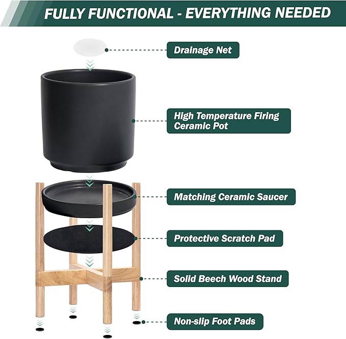 D'vine Dev Ceramic Planter with Natural Stand - 12 Inch Modern Round Flower Pot with Wood Planter Holder, Black, 55-B-J-2