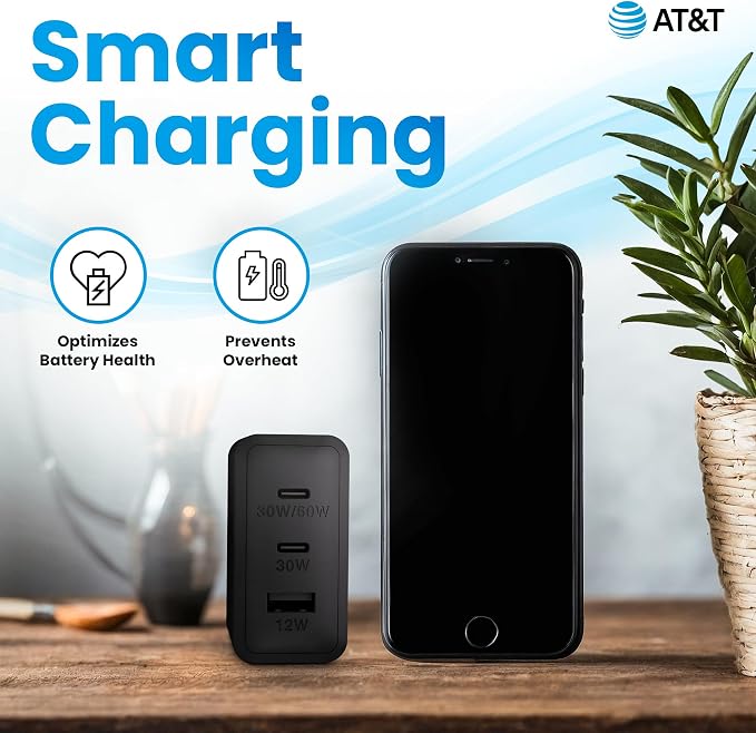 AT&ampT USB-C Wall Charger Fast Charging Power Adapter Foldable Prongs Travel-Friendly for Compatible with iPhone iPad Samsung Galaxy Google Pixel (20W White)