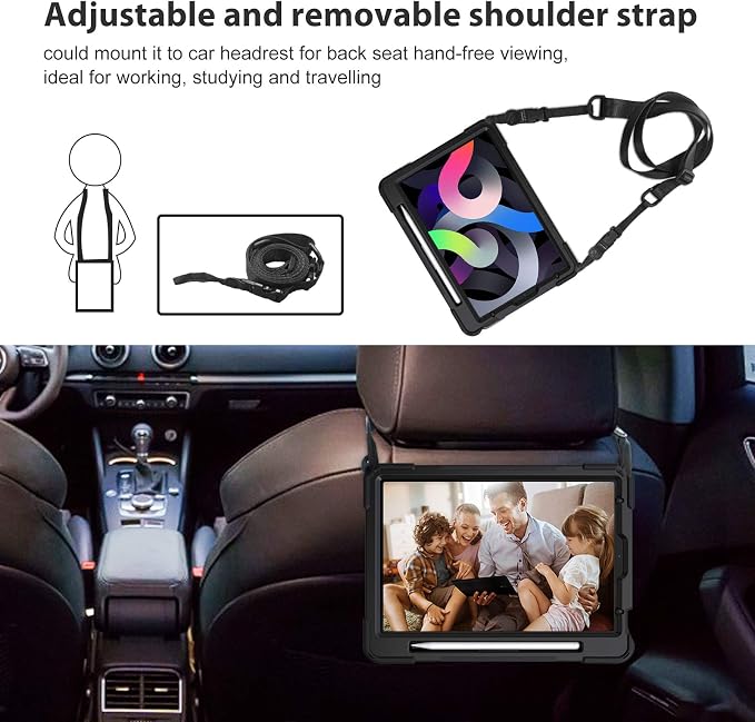 ProCase Rugged Case for iPad Air 11 inch (M2) 2024/ Air 5th / 4th Gen 10.9 Heavy Duty Shockproof Cover with Hand Strap 360 Degree Rotatable Kickstand -Black