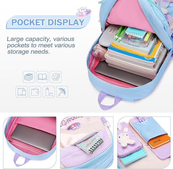 Girls Backpack Set, 3PCS Kids Backpacks for Girl, Cute Bunny School Backpack for Girls Kids Teen Kindergarten Elementary Preschool Middle School Bags with Lunch Box Pencil Case Blue