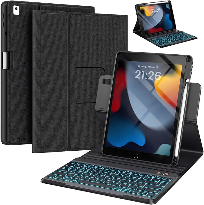 BLUTLOTUS Keyboard case for iPad 9th/8th/7th Generation 10.2 Inch - Backlit Wireless Detachable Folio Keyboard Cover with Pencil Holder for iPad 9th/8th/7th Gen Air 3rd Generation 10.5 Inch