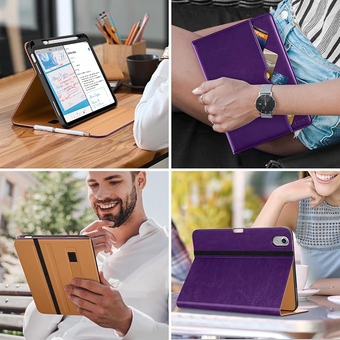 DTTO for iPad (A16) 11th Generation 11-inch &amp 10th Gen Case Brown | Premium Leather Business Cover with Pencil Holder Hand Strap &amp Pocket Corner Protection Auto Sleep/Wake for Work &amp