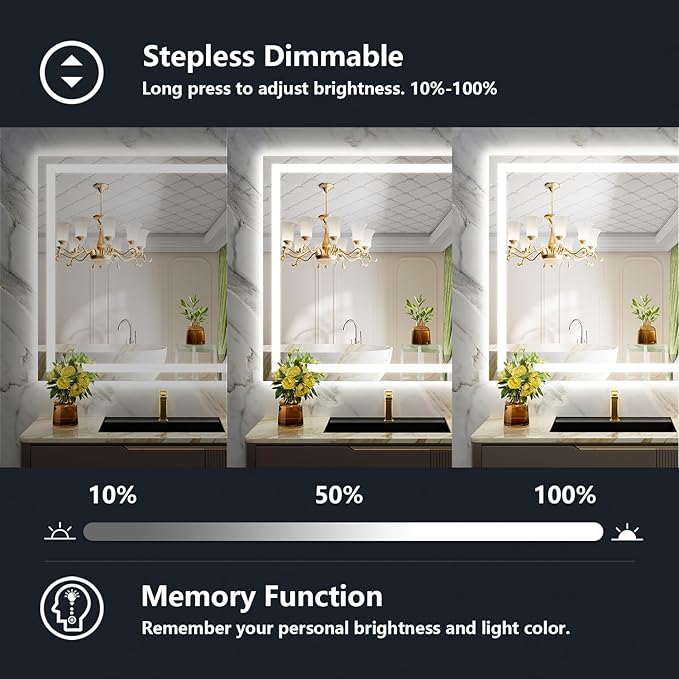 YEELAIT 40x36 Inch LED Bathroom Mirror with Lights Front and Backlit Lighted Vanity Mirror for Bathroom Wall with 3 Colors Dimmable Anti-Fog Memory Shatter-Proof IP54 Waterproof Horizontal/Vertical