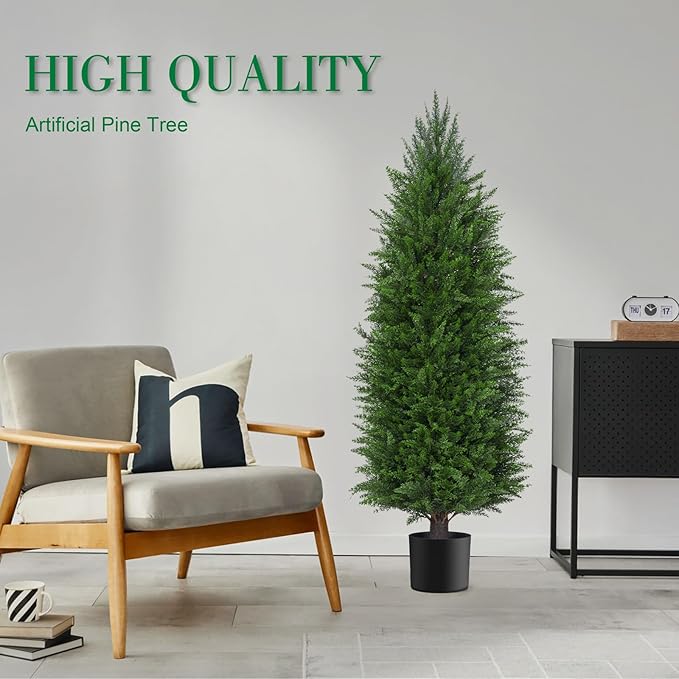 4FT Artificial Topiary Cedar Plants Outdoor, Faux Pine Trees UV Resistant and Potted, 48 Inch Tall Fake Shrubs Evergreen for Front Porch Decor Set of 2