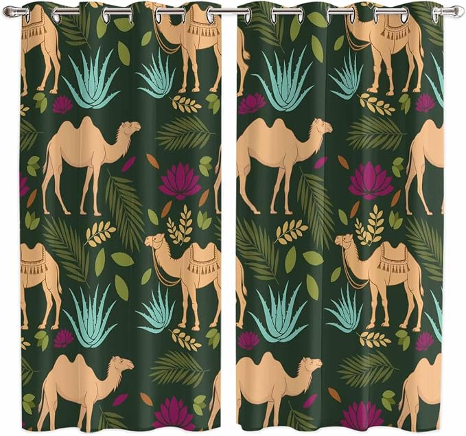 2 Panel Kitchen Cafe Curtains, Retro Desert Camel Sunlight Filtering Nature Air