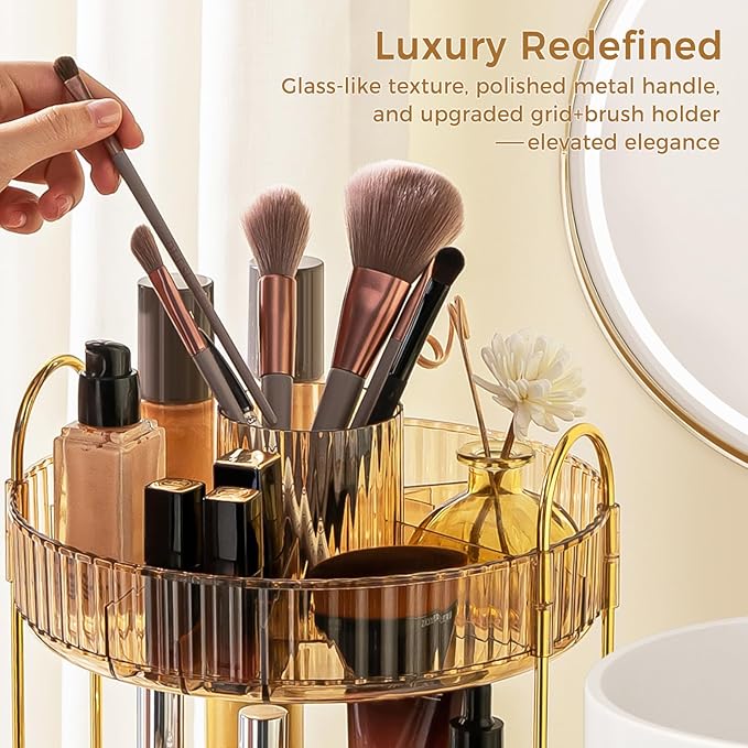 360° Rotating Makeup Organizer, Upgraded 3 Tier Skincare Perfume Organizers for Women, Bathroom Organizer Countertop, Clear Cosmetic Dresser Organizer with Makeup Brush Holder, Sink&Counter(Amber)