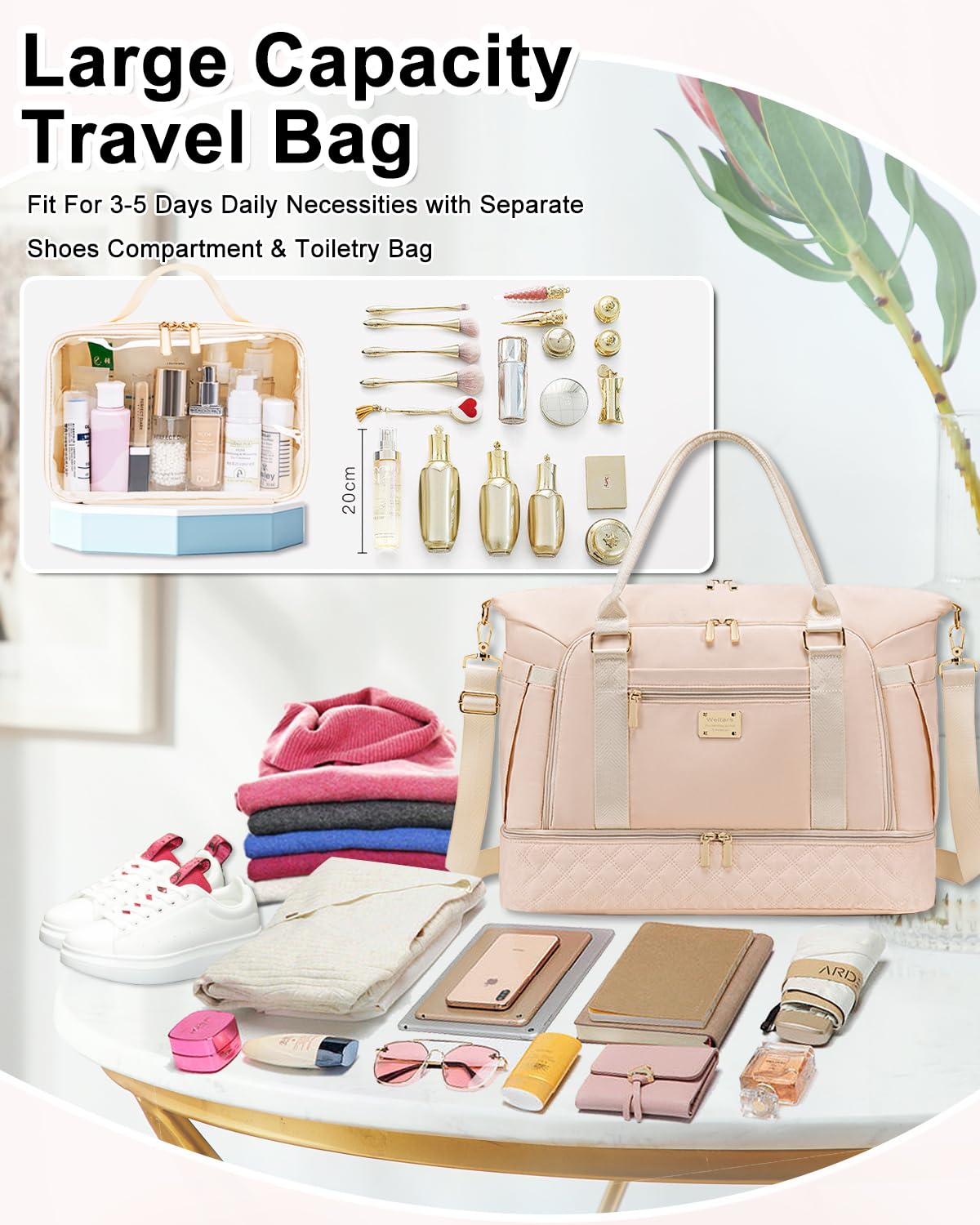 Weitars Women's Gym & Travel Duffle - Weekender with Shoes Compartment, Wet Pocket, Toiletry Bag, Carry-On for Airplanes & Hospital Use