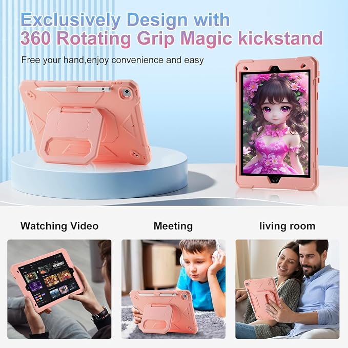 for iPad (A16) 11th Generation Case 11 Inch 2025/ iPad 10th Generation Case 10.9 Inch 2022 with 360 Rotating Grip Magic StandPencil Slot/Key Chain/Carrying Shoulder Strap Cover for iPad 10th Gen