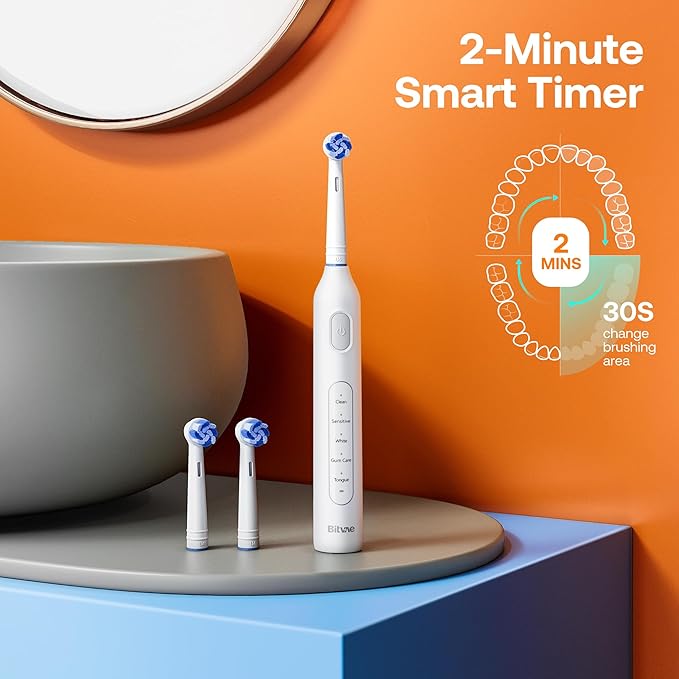 Bitvae R1 Rotating Electric Toothbrush for Adults and Kids with 60-Day Battery Life, 8 Brush Heads Rechargeable Power Toothbrush, 5 Modes, Brushing Timer, White