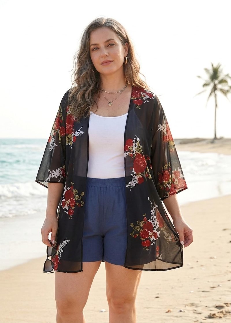 Women's Floral Kimono Cardigan Print Short Sleeve Shawl Chiffon Casual Summer Blouse Tops(Black M)