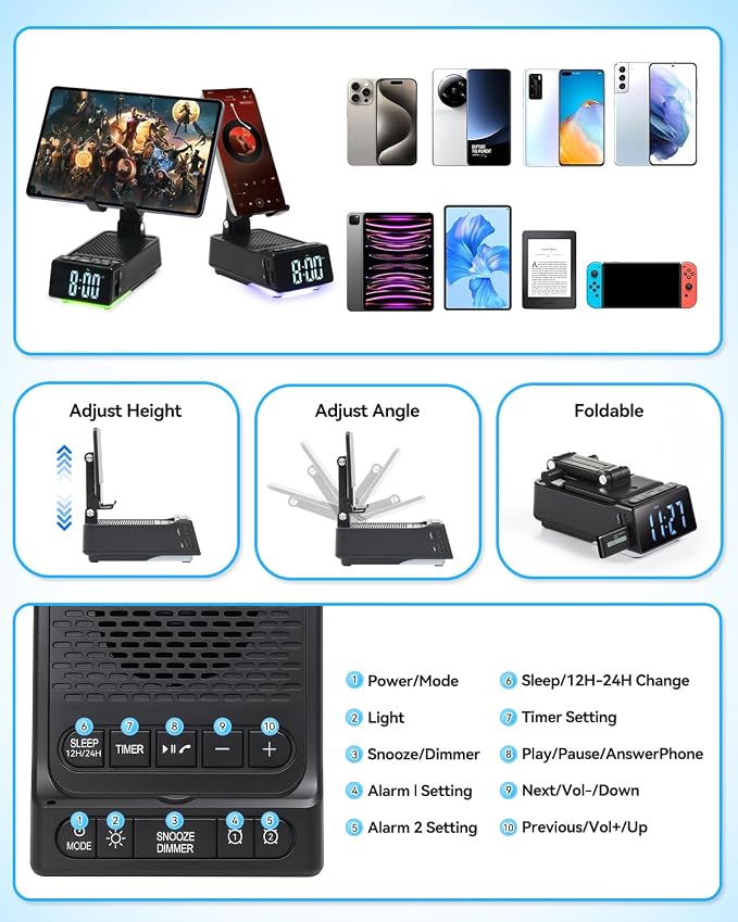 Birthday Gifts for Women Men 7 in 1 Multi-Function Phone Stand with Bluetooth Speaker Portable Charger Alarm Clock LED Light USB Playback Hands-Free Calling (Black)