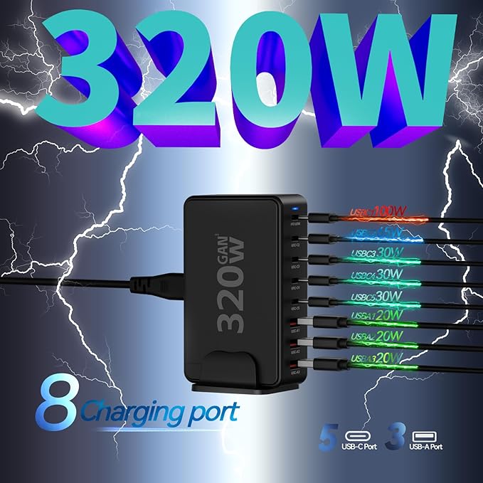 Upgrade USB C Desktop Charger, 320W 8-Port GaN III Fast Charging Station Hub 100W PD Laptop Charger with 5-Foot Cable for MacBook Pro/Air, Dell XPS, iPhone 17/16/15, Galaxy S25, iPad Pro/Air