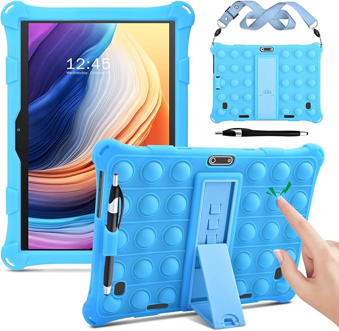 DETUOSI Silicone Case for 10.1 inch Tablet Multi-Angle Case Black | with Shoulder Strap and Stylus Pen Adjustable Stand Built-in Pen Holder Funny Protective Cover for 10.1 inch Tablet