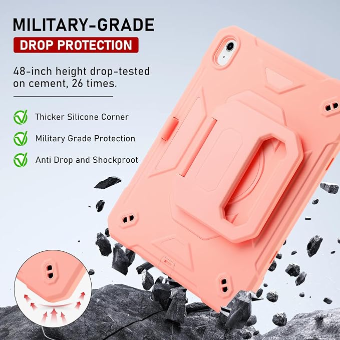 for iPad (A16) 11th Generation Case 11 Inch 2025/ iPad 10th Generation Case 10.9 Inch 2022 with 360 Rotating Grip Magic StandPencil Slot/Key Chain/Carrying Shoulder Strap Cover for iPad 10th Gen