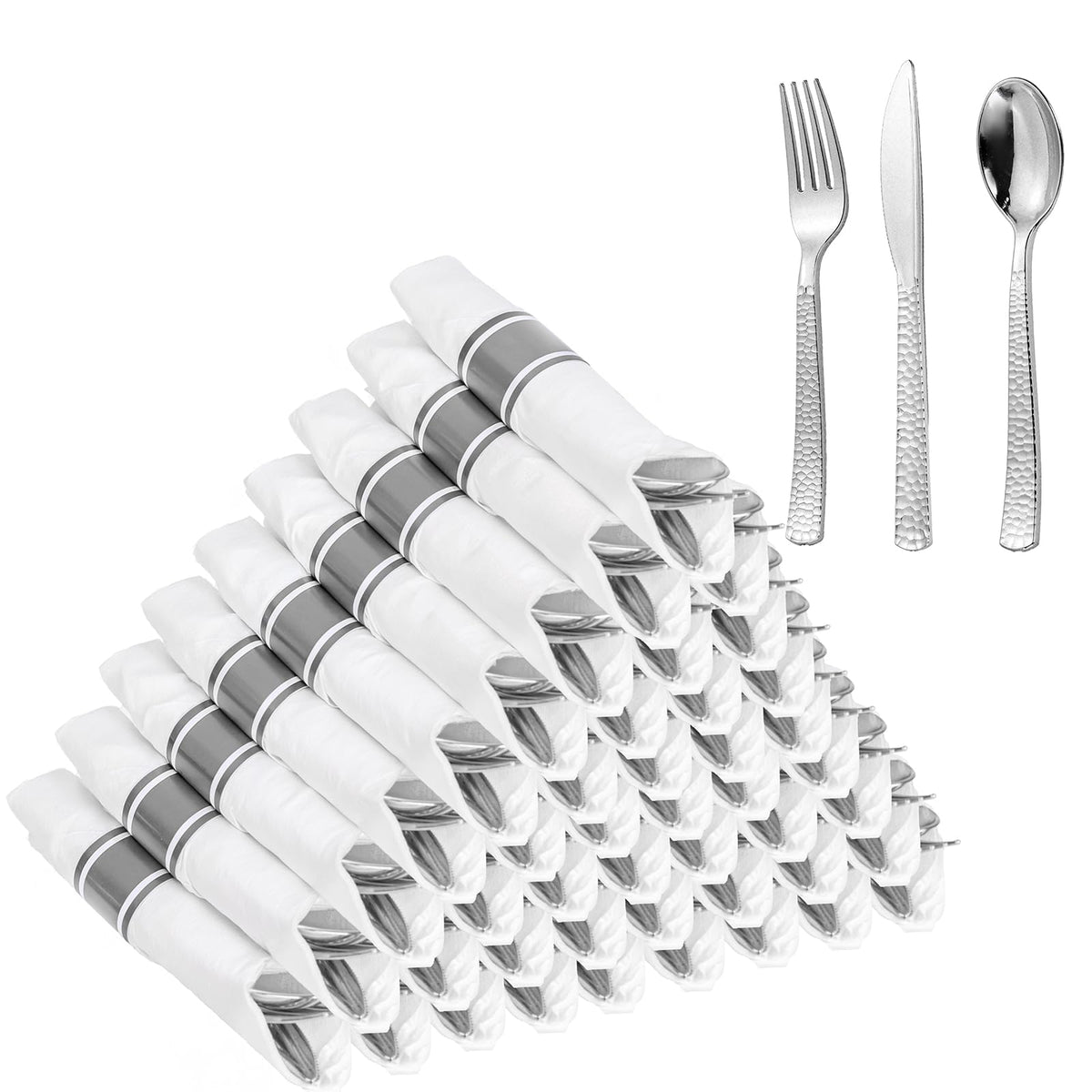 WELLIFE 75 Pack Gold Plastic Cutlery,Pre Rolled Silverware Set Disposable,Gold Disposable Utensils,Includes: 75 Forks, 75 Knives, 75 Spoons, 75 Napkins, Plastic Silverware