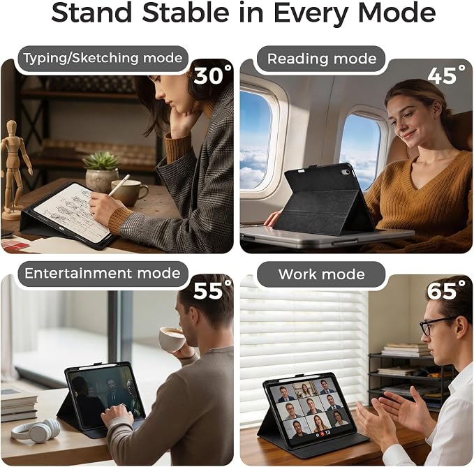 for iPad Air 13 Inch Case M4/M3/M2 (2026/2025/2024) Black | Slim LightweightPremium Vegan Leather CoverPencil HolderAuto Sleep/WakeMulti Viewing AngleTyping AngleMagnetic Clasp