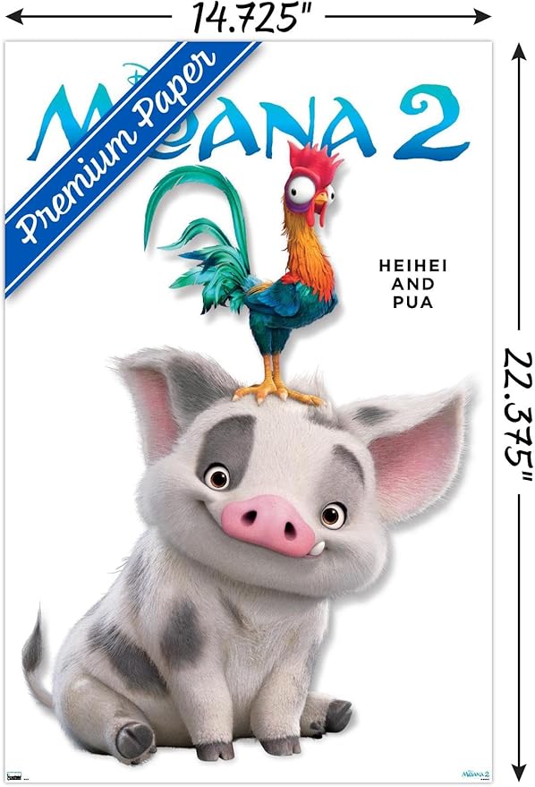 Disney Moana 2 - Heihei and Pua Feature Series Wall Poster, 22.4L" x 14.7W", Premium Poster & Mount Bundle
