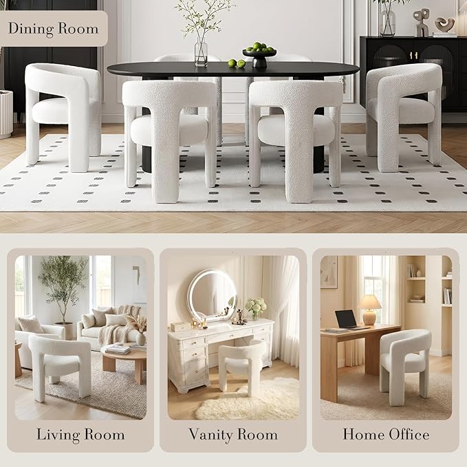 Modern Sherpa Dining Chairs Set of 8, Upholstered Barrel Chairs with Arms Comfy Accent Side Chairs for Living Room/Dining Room/Reception, White