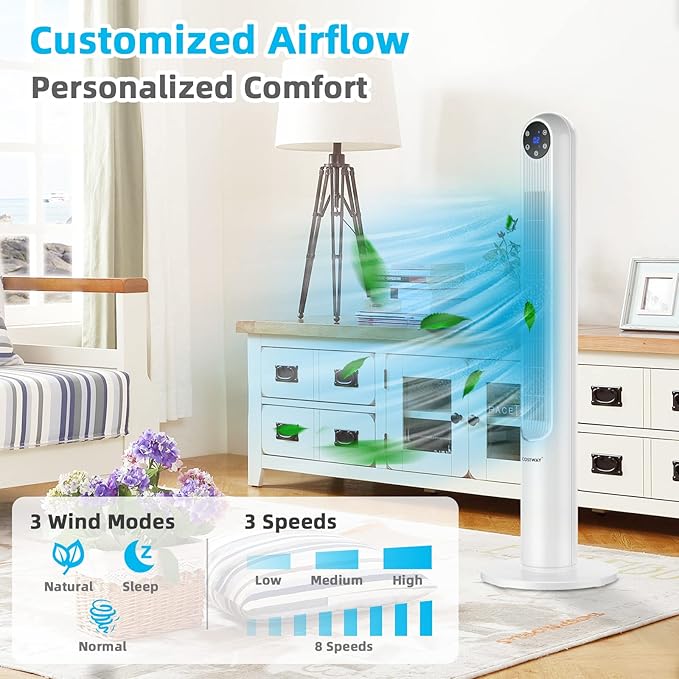 GOFLAME Tower Fan with Remote Control, 42" 80° Oscillating Quiet Cooling Fan with 3 Wind Modes, LED Control Panel and 12H Timer, Portable Bladeless Standing Fan for Bedroom Living Room Office (White)