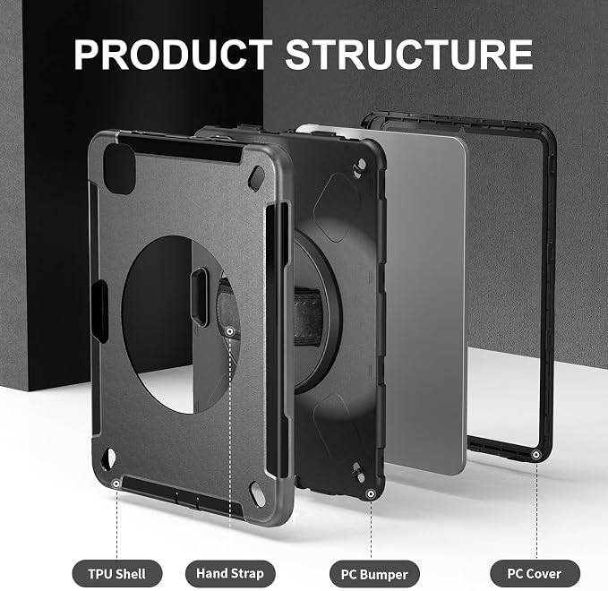 Junfire Protective Case for iPad Pro 11-inch M5/M4-Black | Hand Strap 360°Rotating Kickstand Carrying Shoulder Belt， Pencil Holder Shockproof Rugged