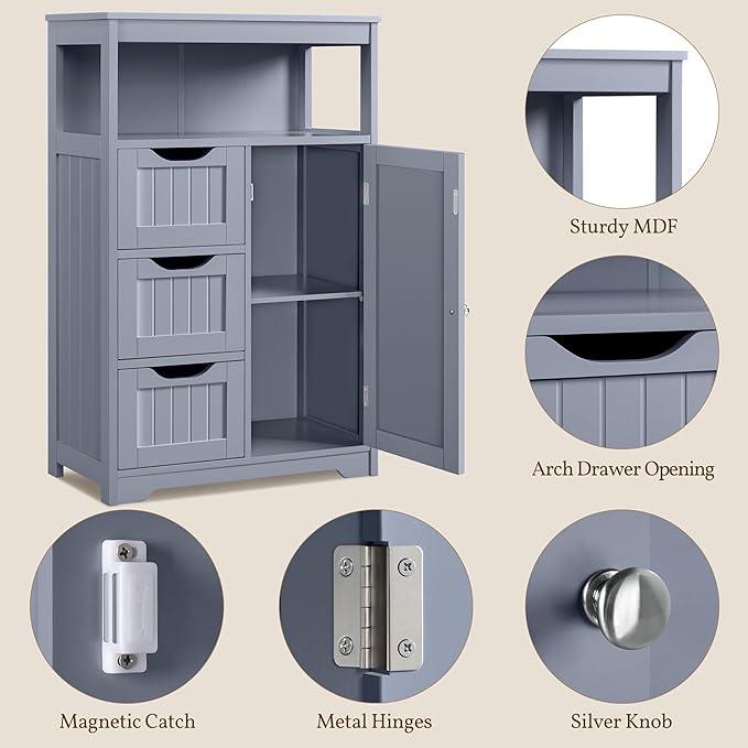 Yaheetech Bathroom Storage Cabinet, Wooden Bathroom Floor Cabinet with 1 Door and 3 Drawers, Free-Standing Storage Unit for Kitchen/Living Room/Entryway, Gray