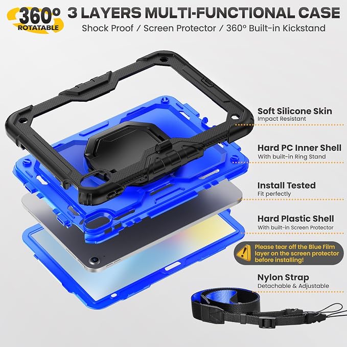 SEYMAC stock Handle Case for iPad (A16) 11th / 10th Gen 11'' /10.9'' Black | Full-Body Drop Protection Shockproof Case Pencil Holder Screen Protector 360 Ring Handle Stand 2025/2022 Released