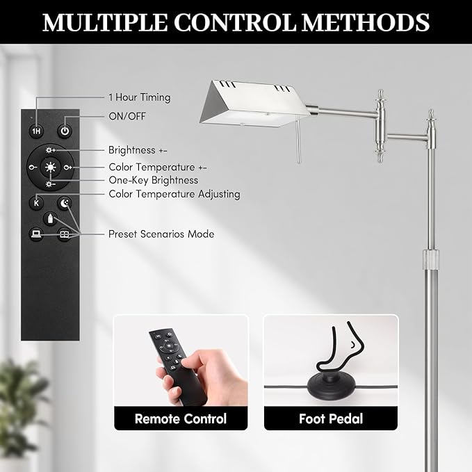 Dimmable Pharmacy Floor Lamp with Remote, 17W LED Reading Floor Lamp with 360°Swing Arm, 3 Color Temperature, Height Adjustable Silver Standing Task Lamp for Living Room, Bedroom, Brushed Nickel