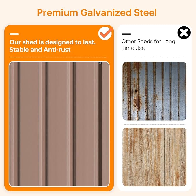 10x10 FT Outdoor Storage Shed, Utility Steel Tool Shed with Lockable Door and Air Vents, Galvanized Metal Shed for Garden Backyard Patio Lawn (10'x10', Brown)