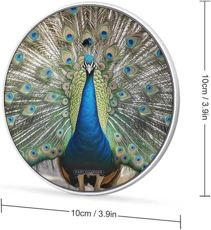 Peacock Pattern Wireless Charger with USB Cable Qi-Certified 10W Fast Wireless Charging Pad Portable Charging Station Anti-Slip Slim Charger Mat for All Qi-Enabled Phones