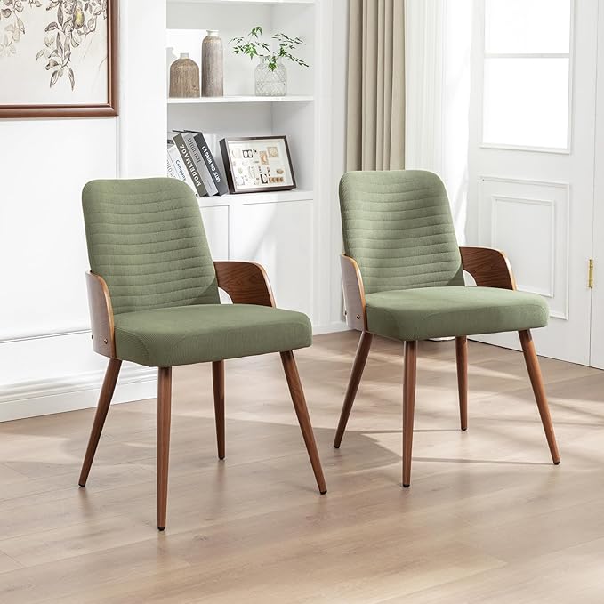 Dining Room Chairs Set of 2,Mid Century Modern Kitchen Chairs,Green Corduroy Fabric Upholstered Accent Chairs,Metal Legs Wooden Desk Chairs,Armless and No Wheels for Kitchen Dining Room