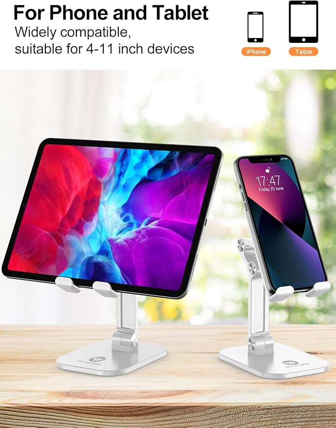 OCYCLONE Phone Stand Adjustable Height and Angle Foldable Cell Phone Stand Holder for Desk Taller iPhone Stand Compatible with 4.7-13 Smartphones iPad Tablet Beige