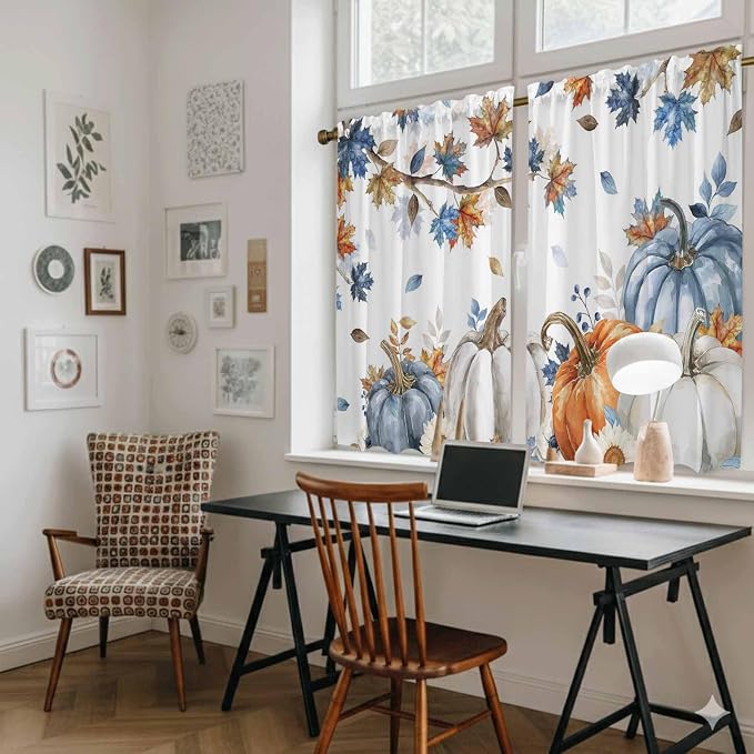Navy Blue Pumpkin Fall Kitchen Curtains 54 Inch Long 2 Panel Set, Rod Pocket