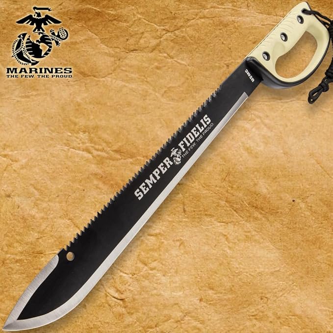 United Cutlery USMC Semper Fi Sawback Machete Knife with Sheath | Full-Tang Machete | 17 1/2" Non-Reflective Stainless Steel Blade | Saber-Style Handguard Handle | Modern Tactical Weapon - 24” Overall
