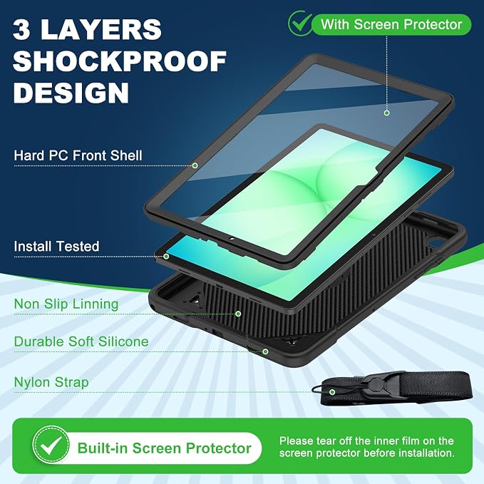 Case for Samsung Galaxy Tab A11 Plus 2025 / A9 Plus 2023 11 Inch Tablet CaseGalaxy Tab A11+/A9+ Case with Screen Protector360°Rotating Stand &amp Shoulder Strap Pencil Holder (Black)