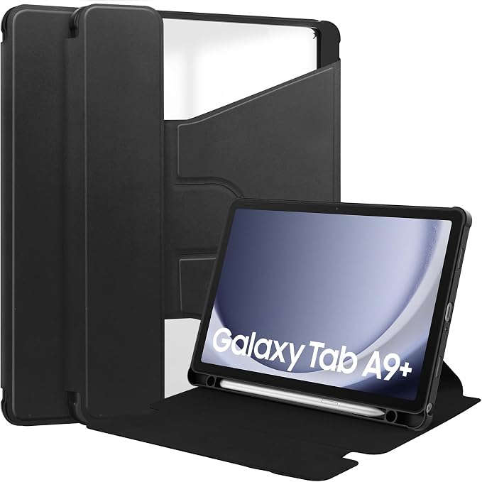 Tablet Case for Samsung Galaxy TAB A9+/A9 Plus with S Pen Holder 360° Swiveling Stand Shockproof Cover with Clear Transparent Back Shell Auto Wake/Sleep (Black Galaxy Tab A9 Plus)