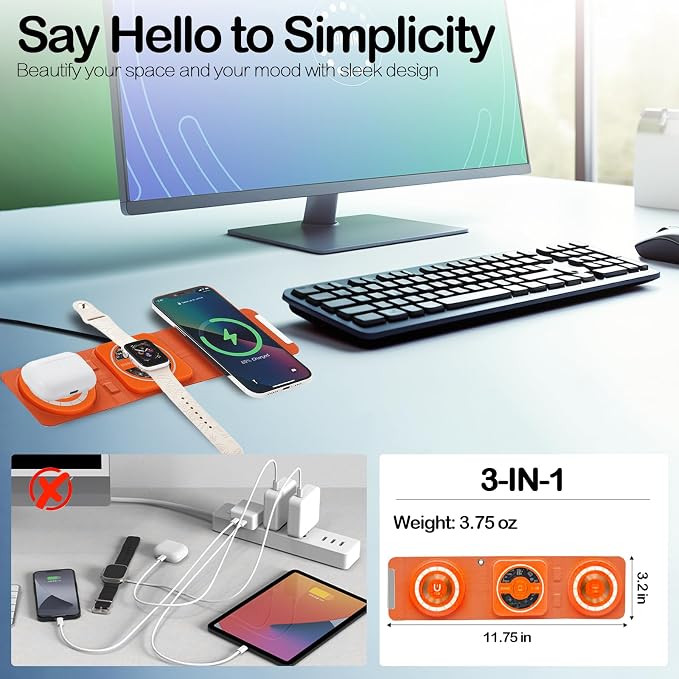 Fold 'N Style 3-in-1 Foldable Magnetic Wireless Charger Keychain 15W Travel Fast Charger for iPhone 15/14/13/12 Pro/Max/Plus Apple Watch AirPods Samsung Galaxy/Note Charge 2 Phones Simultaneously
