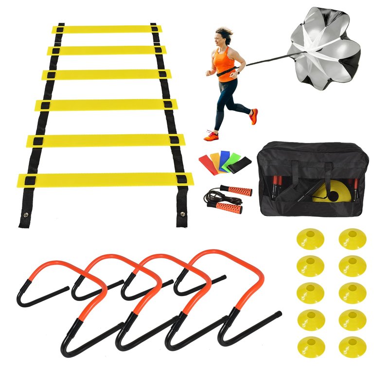 ASENVER Soccer Training Equipment Set, Multifunctional Football Gear with 4 Adjustable Hurdles 9.8 feet 6 Rungs Agility Speed Ladder (Orange)