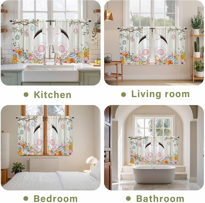 Easter Kitchen Curtains 45 Inch Long 2 Panel Set, Rod Pocket Window Treatment