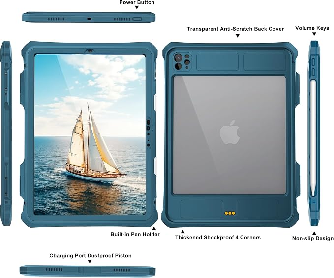 10.2 Waterproof Case Compatible with iPad 9th 8th 7th Generation 2021/2020/2019 Built-in Screen Protector with Strap Stand Pencil Holder Full Body Heavy Duty Protective Shockproof